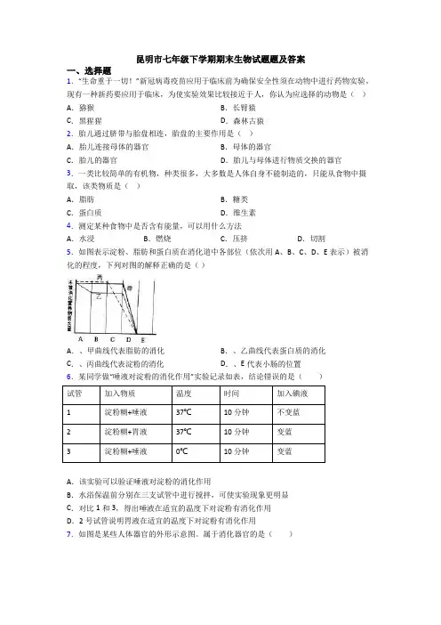 昆明市七年级下学期期末生物试题题及答案