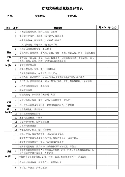 护理交接班质量核查评价表