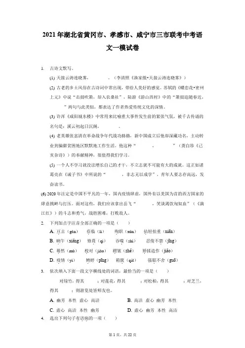 2021年湖北省黄冈市、孝感市、咸宁市三市联考中考语文一模试卷(含答案解析)