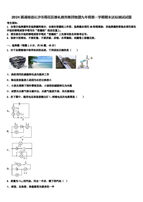 2024届湖南省长沙市雨花区雅礼教育集团物理九年级第一学期期末达标测试试题含解析