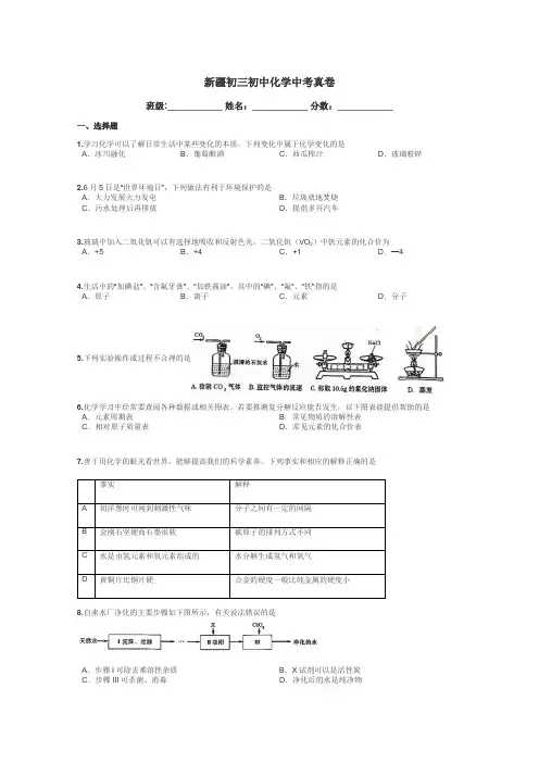 新疆初三初中化学中考真卷带答案解析
