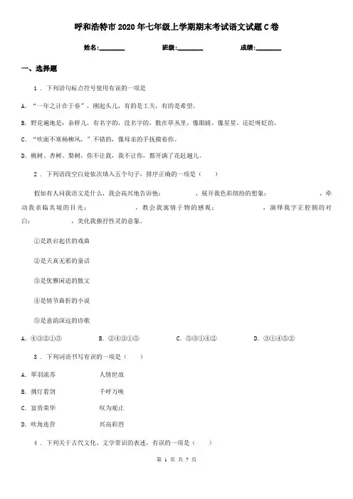 呼和浩特市2020年七年级上学期期末考试语文试题C卷
