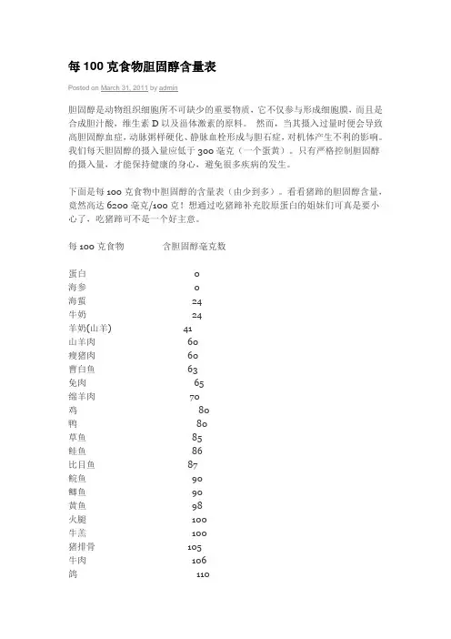 每100克食物胆固醇含量表