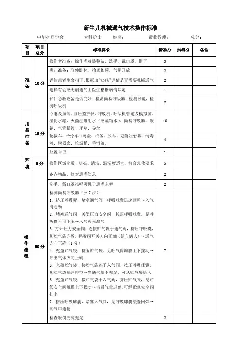新生儿机械通气技术操作标准