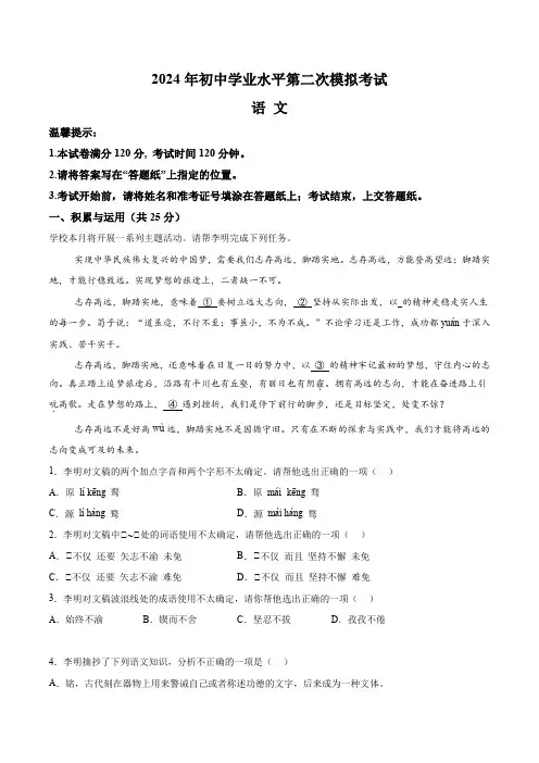2024年山东省枣庄市市中区中考二模语文试题(含解析)
