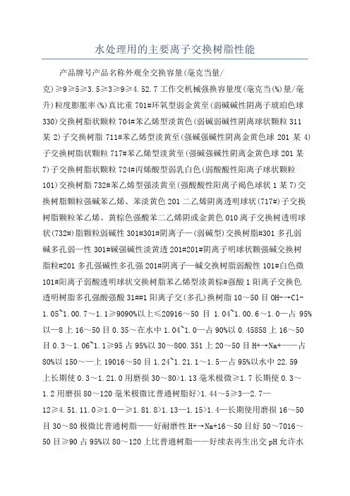 水处理用的主要离子交换树脂性能
