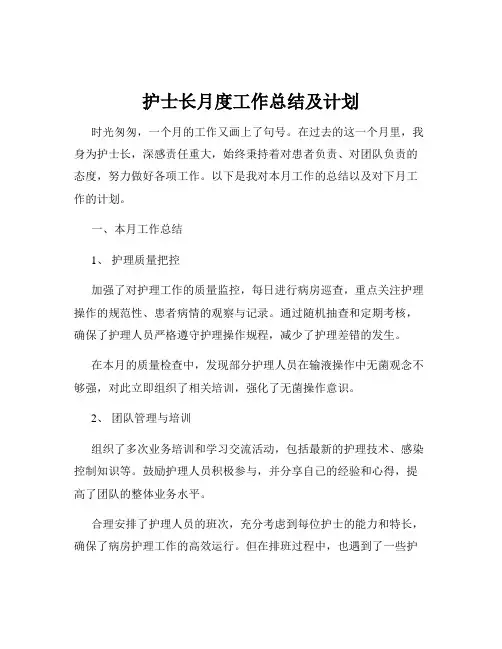 护士长月度工作总结及计划
