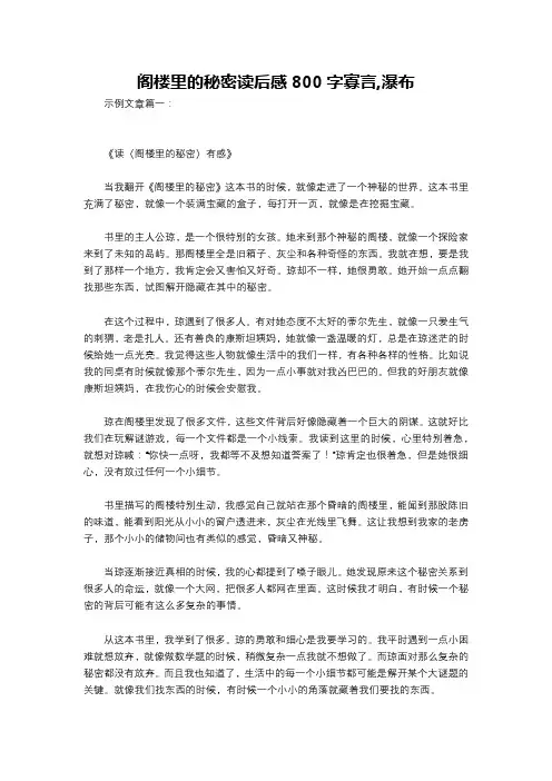 阁楼里的秘密读后感800字寡言,瀑布