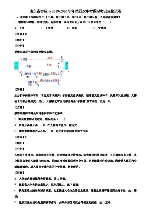 山东省枣庄市2019-2020学年第四次中考模拟考试生物试卷含解析