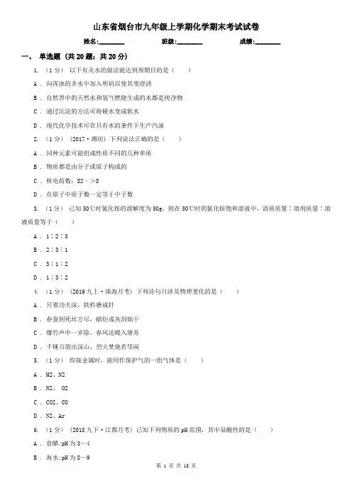 山东省烟台市九年级上学期化学期末考试试卷