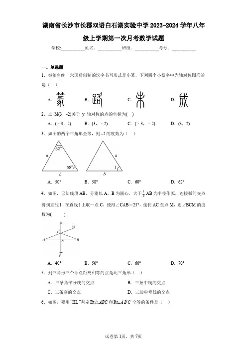 湖南省长沙市长郡双语白石湖实验中学2023-2024学年八年级上学期第一次月考数学试题