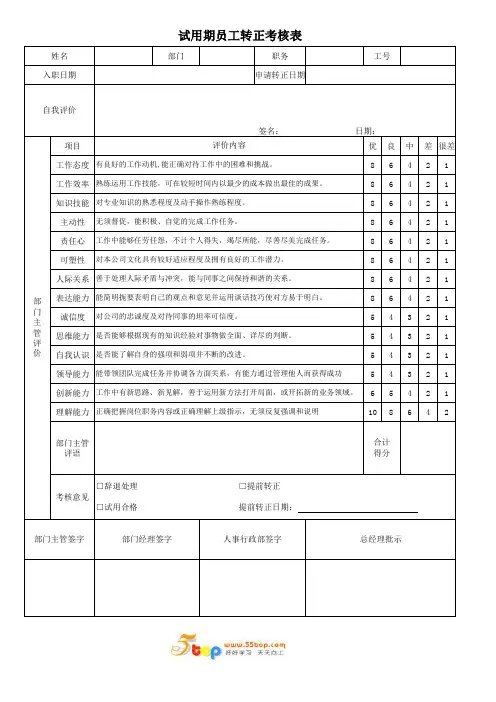 2019年试用期员工转正考核表(精编)