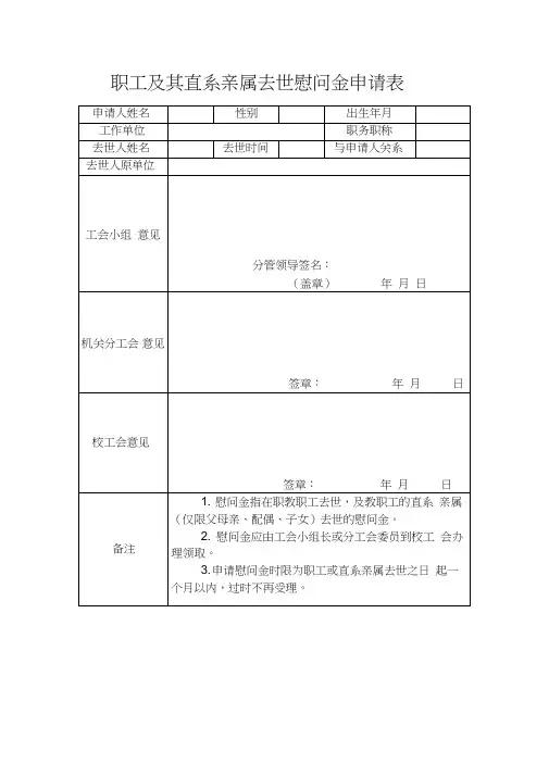 职工及其直系亲属去世慰问金申请表