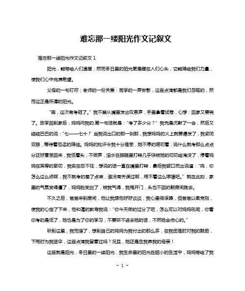 难忘那一缕阳光作文记叙文