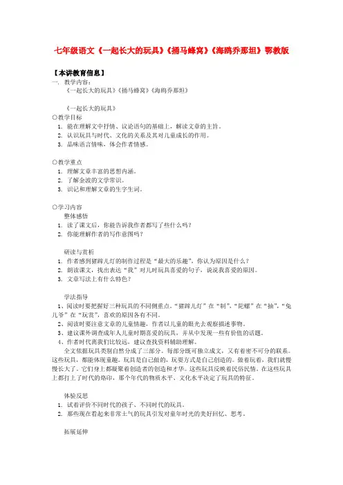 七年级语文一起长大的玩具捅马蜂窝海鸥乔那坦鄂教版知识精讲