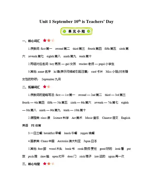 北京课改版三年级英语上册 Unit 1 September 10th is Teachers' Day 知识清单