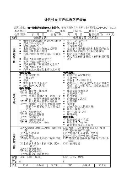 计划剖宫产临床路径及单病种管理表