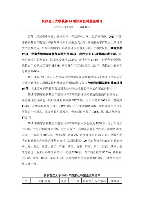 长沙理工大学获得14项国家社科基金项目