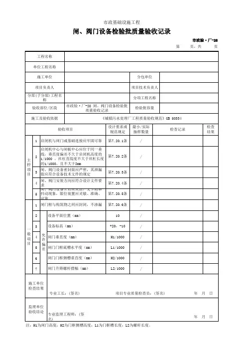 闸、阀门设备检验批质量验收记录