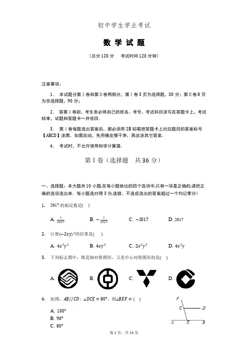 2020-2021年初中学业水平考试数学模拟试卷