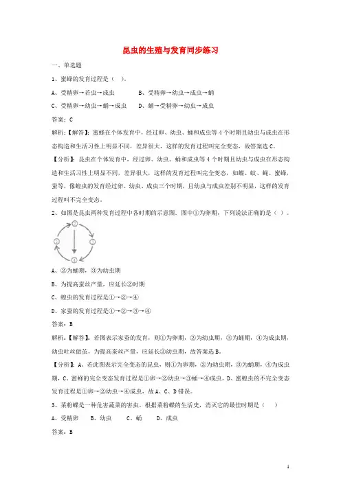 八年级生物下册第八单元第二十一章第三节昆虫的生殖与发育同步练习(含解析)(新版)苏教版