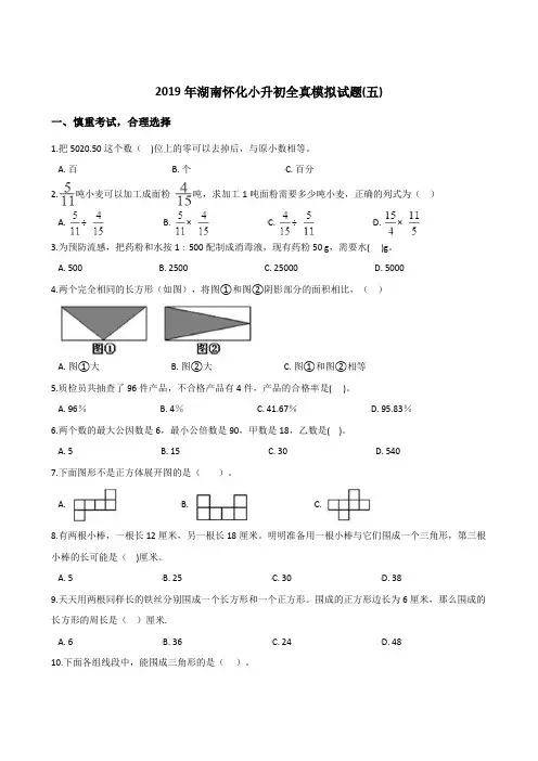 六年级下册数学试题--2019年湖南怀化小升初全真模拟试题(五) 人教课标版 2014秋 (含答案)