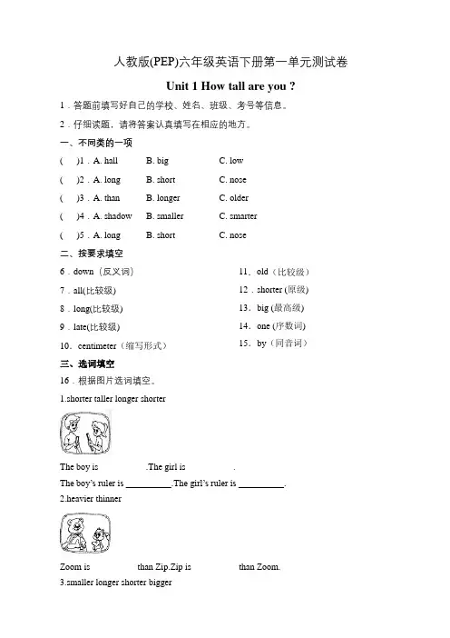 人教版(PEP)六年级英语下册第一单元测试卷-Unit 1 How tall are you答案