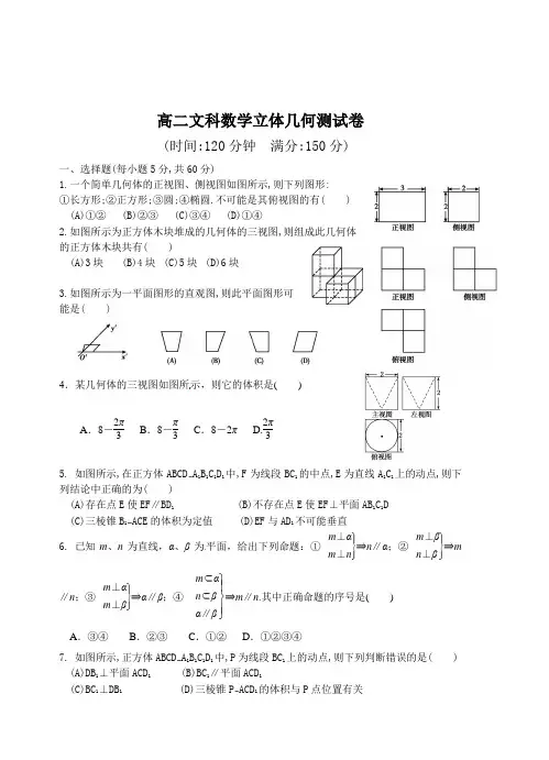 高二文科数学立体几何测试卷