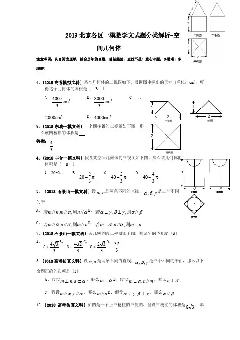 2019北京各区一模数学文试题分类解析-空间几何体