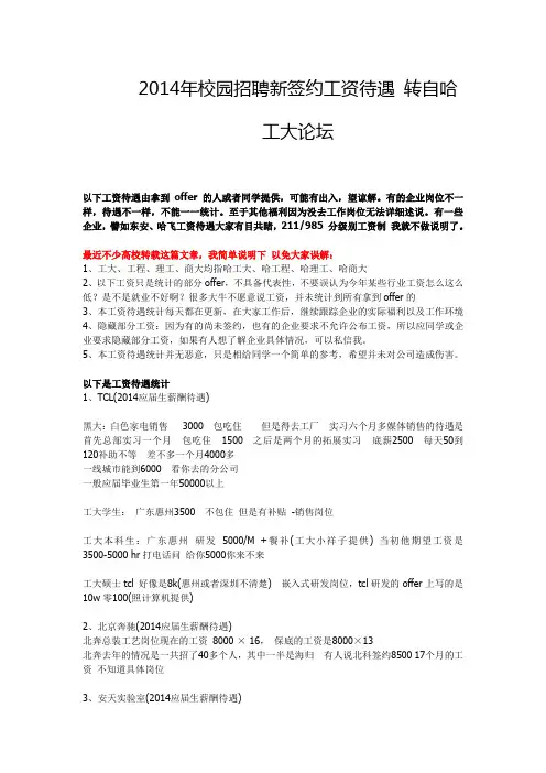 2014年校园招聘新签约工资待遇 转自哈工大论坛