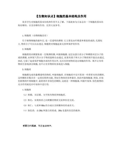 【生物知识点】细胞的基本结构及作用
