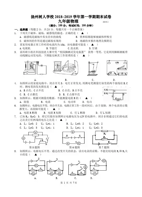 2018-2019学年第一学期九年级期末物理试卷