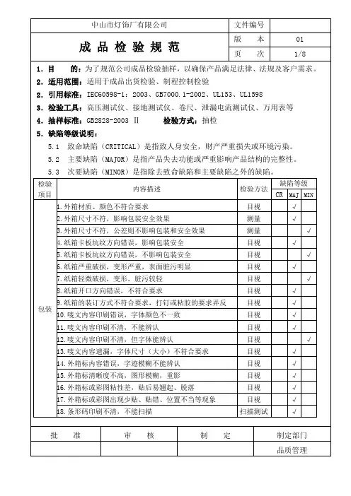 灯饰成品检验规范