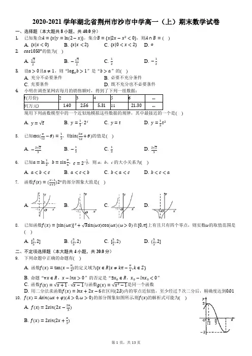 2020-2021学年湖北省荆州市沙市中学高一(上)期末数学试卷