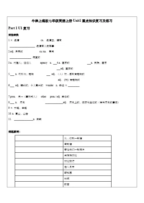 牛津上海版七年级英语上册Unit1重点知识复习及练习