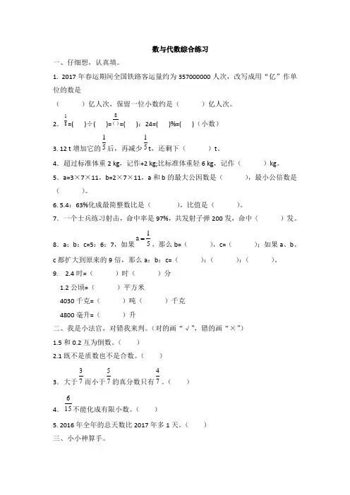最新人教版小学数学六年级下册数与代数综合练习试题附答案