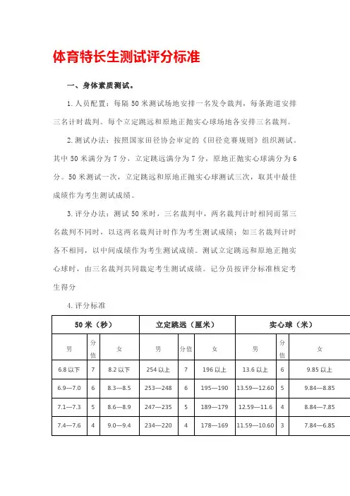 体育特长生测试评分标准