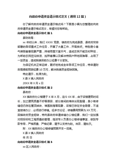 向政府申请资金请示格式范文（通用12篇） 2