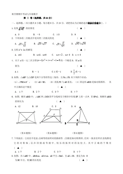 苏教版秋学期期中考试九年级数学附答案