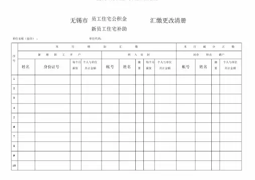 无锡市住房公积金(新职工住房补贴)汇缴变更清册