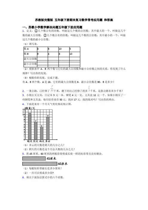 苏教版完整版 五年级下册期末复习数学常考应用题 和答案