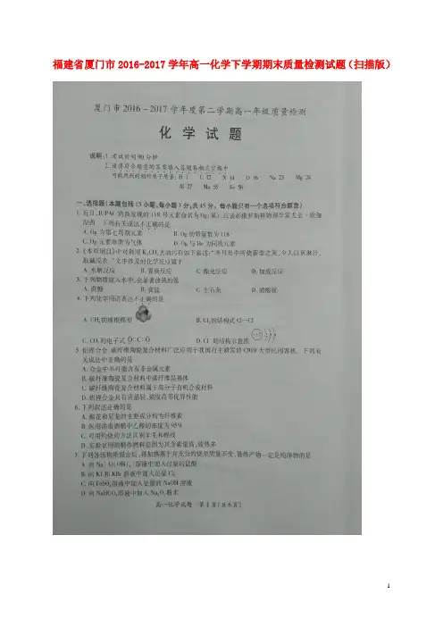 福建省厦门市高一化学下学期期末质量检测试题(扫描版)