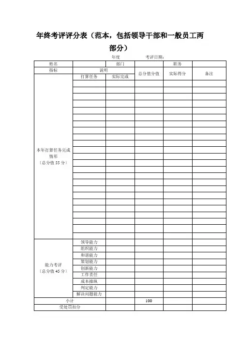年终考评评分表(范本,包括领导干部和一般员工两部分)