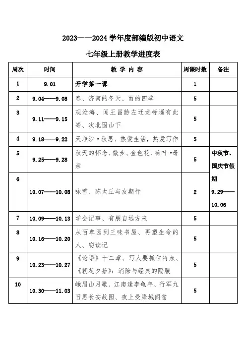 2023年秋学期部编版初中语文七年级上册教学进度表