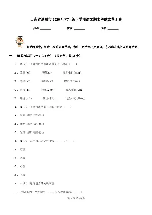 山东省滨州市2020年六年级下学期语文期末考试试卷A卷