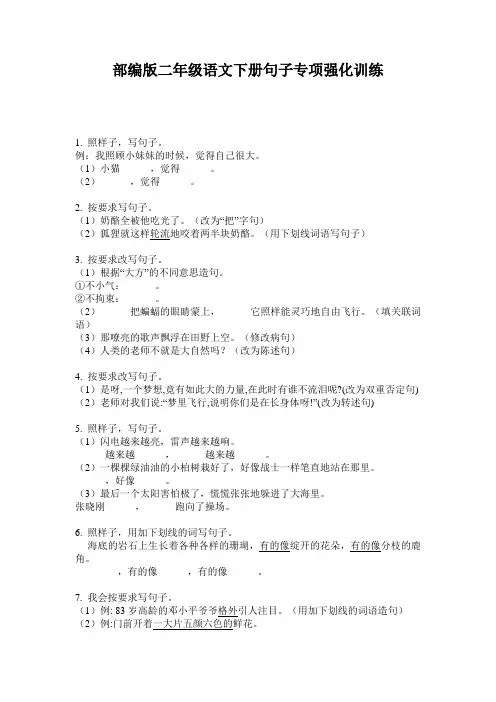 小学二年级语文下册句子专项强化训练·部编版(人教)