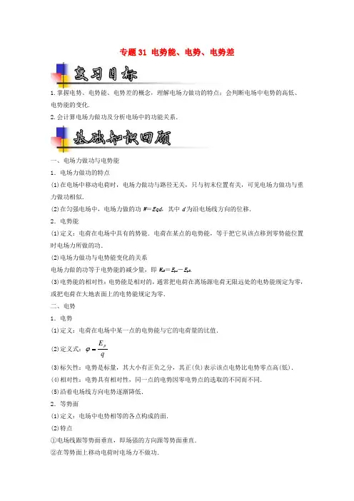 2018年高考物理一轮复习专题31电势能、电势、电势差(讲)(含解析)