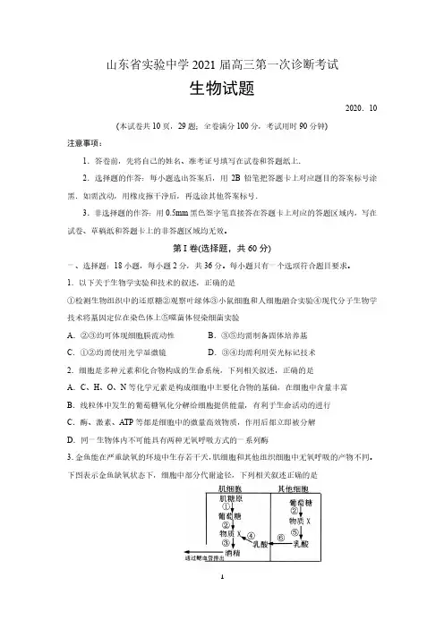 山东省实验中学2021届高三第一次诊断考试(生物) 含答案