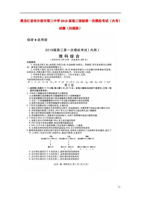 黑龙江省哈尔滨市第三中学2019届高三理综第一次模拟考试(内考)试题(扫描版)