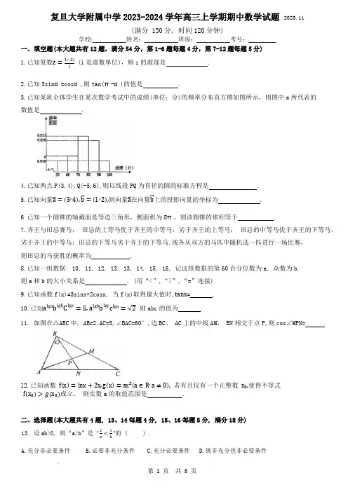 上海市复旦大学附属中学2023-2024学年高三上学期期中考试数学试题(含答案)